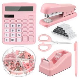 Breling 6 Set Desk Accessory Office Supplies Kit Include Cute Stapler Tape Dispenser Ballpoint Pen Binder Clips Paper Clips Long Tail Calculator and Scissor for Office(Pink)