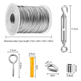 304 Stainless Steel Wire Rope Set, Rope Hanging Wire Rope, Tensioner with Wire Rope PVC Coated, Outdoor Lights Hanging, Washing Line, Stair Railers, Trellis and Trellis (20 m)