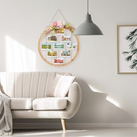 Wood Picture Frames for Wall Decor, 23.62" Round Hanging Photo Broad with Artificial Flowers and 15 Clips, Adjustable Twines Collage Artworks Prints Multi Polaroid Pictures Organizer and Hanging Display Frames (Pink-Red)