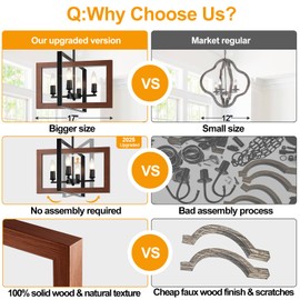 17" Farmhouse Real Wood Chandelier, No Assembly Required 4-Light Rustic Dining Room Light Fixture Over Table, Adjustable Hanging Chandelier for Kitchen Living Room Foyer Entryway