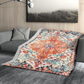 Orange Blue Boho Blanket Soft Flannel Lightweight Rust Teal Bohemian Throw Blanket Cozy Warm Vintage Aztec Carpet Blankets All Seasons Living Room Decor for Couch Chair Bed Sofa Office 40x50 inch