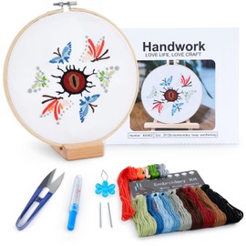 Embroidery Kit for Adult Beginners, Butterfly Embroidery Kit with Step-by-Step Instructions and Video,Printed Cloth,7.87" Hoop, Display Stand,Color Threads,Threader & Needles for Craft Lover(BED002)
