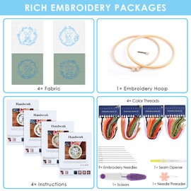 ERKOON 4 Sets Embroidery Kit, Animal Cross Stitch Set for Include Embroidery Cloth Hoops Threads for Craft Lover Hand Stitch (Rabbit)