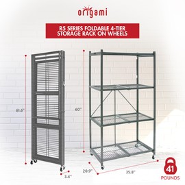 Origami R5 4-Shelf Heavy-Duty Folding Storage Rack, Pewter - Large Foldable Metal Shelving Unit with Wheels for Garage, Pantry, Basement, Laundry Room or Warehouse