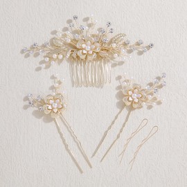 Famihot Hair Ornament, Hair Accessory, Tree Leaves, Flower Motif, Pearl, Comb, U Pin, 5-piece Set, Bride, Hair Accessory, Kimono, Hair Accessory, Japanese Style, Alloy, Gold