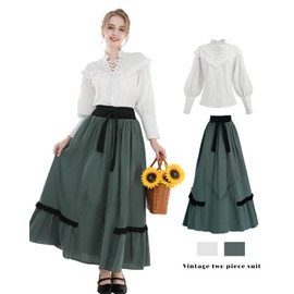 Nuoqi Womens Victorian Dress Costume 2-Piece Medieval Renaissance Dress Edwardian Blouse Skirt Set, Pine Green, Large
