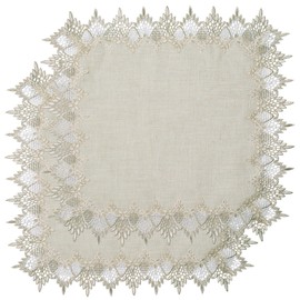 URROMA 2Pcs Linen Square Doily, 24 * 24in Beige Table Cover with Lace Trim, Coffee Table Topper Table Decor Tablecloth for Dining Room Kitchen(60 * 60cm)