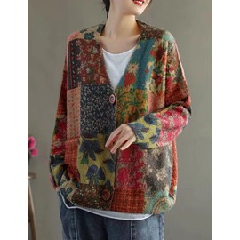 NFYM Women Cardigan Sweaters Open Front Graphic Printed V Neck Retro Knit Outwear with Pockets (as1, Alpha, one_Size, Regular, Regular, Plaid, One Size)