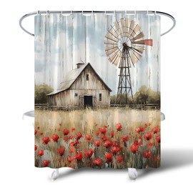 Rustic Farmhouse Windmill Shower Curtain Vintage Western Farm Barn Red Flowers Meadow Teal Wooden Plank American Country Oil Painting Landscape Bathroom Decor Fabric Curtain with Hooks 70X70Inch