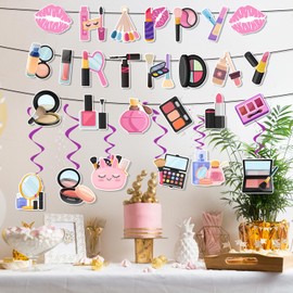 Makeup Birthday Party Decorations, 7-Piece Spa Birthday Party Accessory Set, Makeup Theme Happy Birthday Banner Spa Party Hanging Swirl for Costume Party