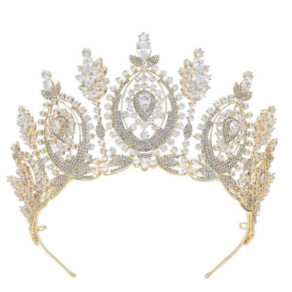 QXMYOO Tiara de boda grande con corona de reina real, circonita cúbica, dorada, plata, para novia, graduación, quinceañera, concurso, princesa, tocados para fiesta de cumpleaños, circonita cúbica, accesorios para el cabello