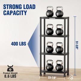 WORKPRO 4-Tier Plastic Storage Shelves, 400lb Capacity Shelving Unit, 51.4" H x 23.9" W x 12" D, Storage Rack for Garage, Home, Pantry, Office, Laundry, Tool-Free Assembly, Black