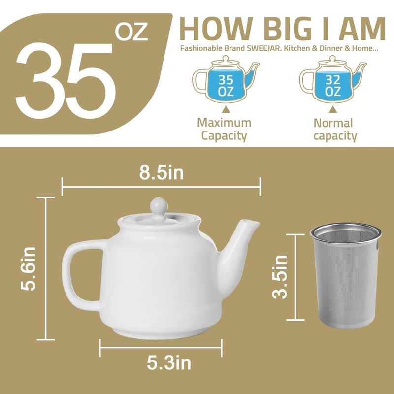 Sweejar 35 oz Porcelain Tea Pot, Teapot with Removable 18/8