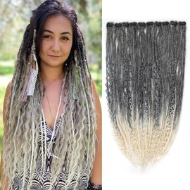 Pouweney 10PCS Clip in Dreadlock Extensions Full Sets, 24 inch Synthetic Clip Dreads Extensions Handmade Soft(Gray/blonde, Clip-in 40 Strands)