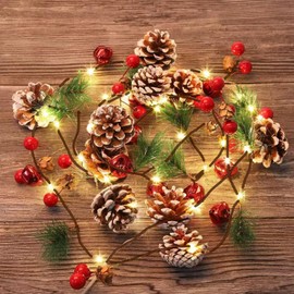 TW SHINE 2 Pack Christmas Pine Cone String Lights, 13 FT 40 LED Total Prelit Battery Operated Garland with Red Berry for Indoor Outdoor Xmas Fireplace Decorations