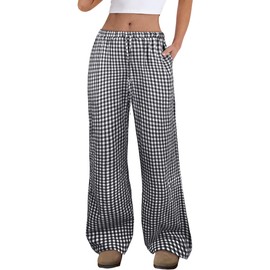 ANRABESS Women's Striped Gingham Pants 2025 Fall Pajama Lounge Boxer Pants Casual Wide Leg Drawstring PJ Bottoms Trousers﻿ Black White Plaid Medium