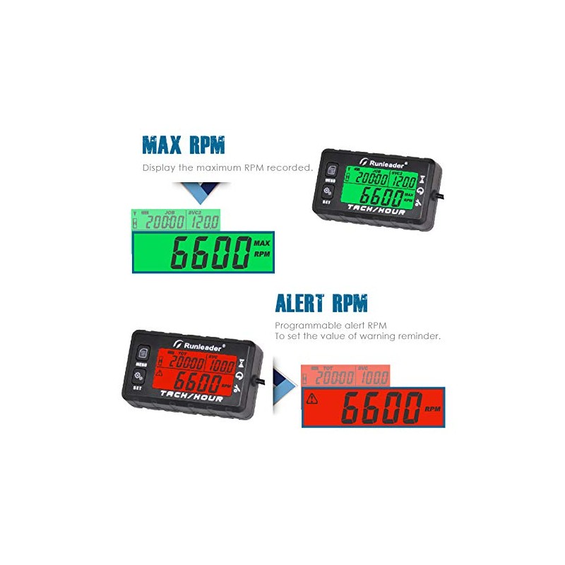 Runleader Hour Meter Tachometer, Maintenance Reminder, Alert RPM Reminder, Initial