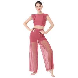 Lyrical Dance Dress for Women 2PCS Chiffon Crop Top Ballet Leotard Shorts Mesh Sheer Pants Dance Costume Adult Contemporary Dance Dress Backless Ballerina Salsa Ballroom Dress Dusty Pink (2PCS) XL