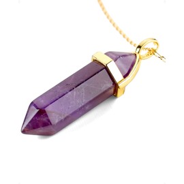 LAVISA Obelisk Gemstone Necklace Gold Pendant Real Crystal Chain Necklace Rose Quartz Amethyst Natural Stone, 55 + 5 cm, Stainless Steel