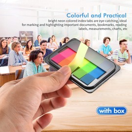 Onwon 600 Pieces Self-Adhesive Page Markers Neon Colored Pop-up Index Tabs with Box, Self-Stick Note Pads Neon Flag Sticky Notes, The Translucent Adhesive Part Won't Cover Up Any Information