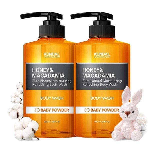 KUNDAL HONEY & MACADAMIA Natural Moisturizing Body Wash (Baby Powder) - 16.9 fl.oz(500ml) x2 bottles