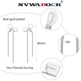 NVWAROCK Cilp-on Silver Bow Earrings Non Pierced Ribbon Bow Dangle Drop Tassel Statement Earring for Women 14K Real White Gold Plated Dangling Long chain Earrings