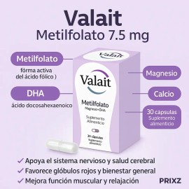 Valait Metilfolato 7.5 Mg 30 Cápsulas Suplemento Pack 4                                                                                               