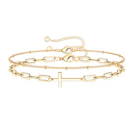 Yimofy Double Layered Cross Bracelets for Women 18K Gold Plated Dainty Sideways Cross Bracelets Minimalist Paperclip Satellite Beaded Layering Bracelets Christian Wrist Chain Jewelry Easter Gifts