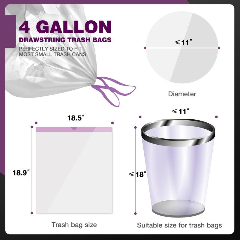 JOYEUX Small Trash Bags 4 Gallon - Drawstring Small Garbage