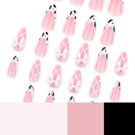 French Tip Almond Shaped Press on Nails Medium Length Fake Nails with Cow Interlaced Stripes Bow Design Glossy Pink False Nails Full Cover Acrylic Nails Stick on Nails for Women DIY Manicure 24 Pcs