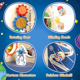 Wdmiya Space Wooden Activity Cube Toys for Baby, Montessori Toys for 1 Year Old Boy & Girl Birthday Gifts, Sensory and Educational 1st Birthday Gifts, Busy Board Toys for Baby Boy (Yellow)