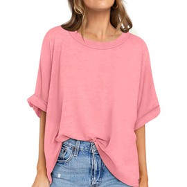 UEU Workout Tops for Women Loose Fit Yoga T Shirts Short Sleeve Running Gym Athletic Tee Top Peach Pink Small