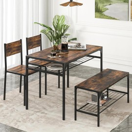 Tangkula Dining Table Set for 4, Kitchen Table and 2 Chairs for 4 with Bench, Additonal Storage Rack, 4 Piece Dining Table Set for Small Space, Apartment