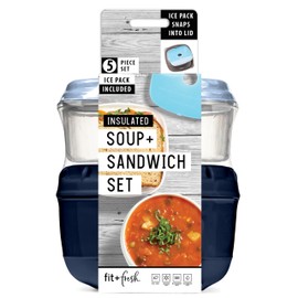 Fit & Fresh Insulated Soup Container With Lid & Sandwich Container, Hot Food Insulated Lunch Container, Complete Thermo Lunch Kit With Ice Pack, Navy