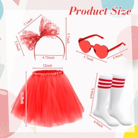 Maiteenly Women Tutu Skirt 80s 90s Costume Outfits Accessories Heart Sunglasses Bow Headband Stripe Socks for Cosplay Party (Red)