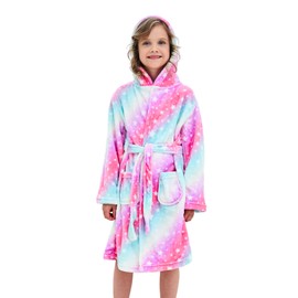Piefry Soft Bathrobe with Hood for Girls Fleece Dressing Gown Sleepwear Children, Pink/Purple Stars