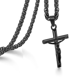 Jesus Cross Necklace for Men and Women, Speroto Silver and Gold Mens Necklace with Carved Jesus Cross Pendant and Wheat Chain, Cross Necklace for Women Simple Jewelry Gift for Men Women (Black, 20 inch)