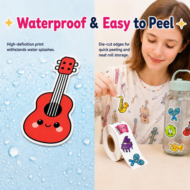 1.5 inches 500pcs Cute Music Stickers Roll, 8 Instrument Designs