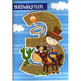 Birthday Card for 3 Year Old Boy - 3rd Birthday. Cowboy on Horse with large 3D Glitter Effect number 3