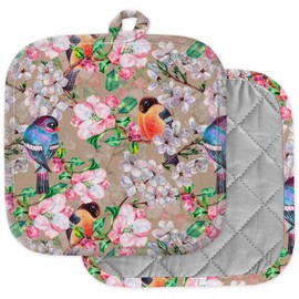 [Pack of 2] Pot Holders for Kitchen, Washable Heat Resistant Pot Holders, Hot Pads, Trivet for Cooking and Baking (Watercolor Flowers Cherry Apple Bird)