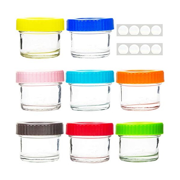 Youngever Glass Baby Food Storage, 4 Ounce Stackable Baby Food Glass Containers with Airtight Lids, Glass Jars with Lids, 8 Assorted Colors (8 Sets)