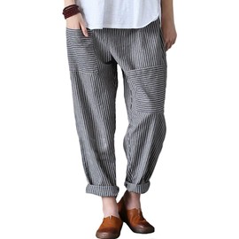 Minibee Women's Wide Leg Harem Pants Cotton Linen Striped Casual Palazzo Pants with Pockets Stripes-Gray M