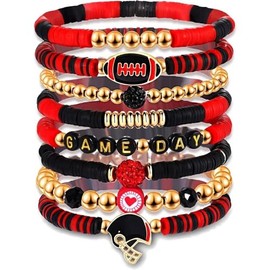 Game Day Bracelet Football Stackable Clay Beaded Stretch Bracelets Red Black Orange Charm Bracelet Bangles Fan Team Accessories for Women Men Sport Lover-game day red black