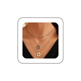 Inilbran Boho Layered Disc Coin Necklace Choker Vintage Cross Oval Necklace Gold Ball Bead Chain Necklace Multilayer Hammered Coin Necklace Chain Jewellery for Women and Girls, Zinc