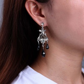 TseenYi Boho Black Crystal Chandelier Earrings Vintage Black Drop Chandelier Earrings Long Tassel Rhinestone Drop Earrings Gothic Statement Long Drop Earrings, Zinc, No Gemstone