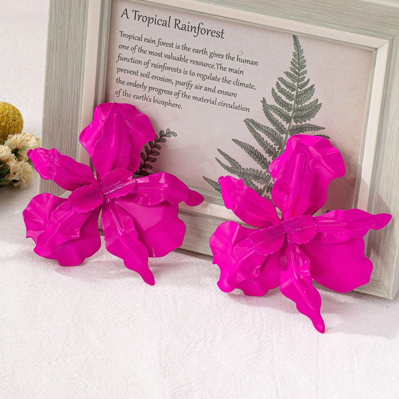 Hot Pink Flower Earrings for Women Big Floral Earrings Large
