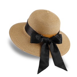 GNEGNI LIFE Sun Hats Women, Straw Beach Hats Sun Protection Summer Hat Foldable Wide Brim Hat Floppy for Women Travel Holiday (Khaki&Black Ribbon)
