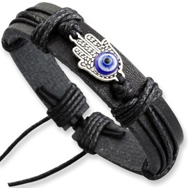Soul Statement Men's Black Hamsa Hand Evil Eye Bracelet for Men, Leather Wrap Adjustable Handmade String Bracelet (Black Hamsa Hand)