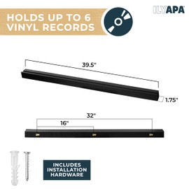 Ilyapa Vinyl Record Holder Wall Mount Vinyl Record Shelf - 2 Pack 39.5-inch Wood for 6 Records Display & Shelves, Includes Mounting Hardware - Black