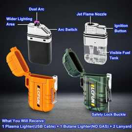 LcFun 2 Pack Waterproof Lighters, Outdoor Windproof Torch Lighters Butane Refillable - NO Buatne, Electric Dual Arc Plasma Lighter USB Rechargeable Matches, Christmas Stocking Stuffers Survival Gifts